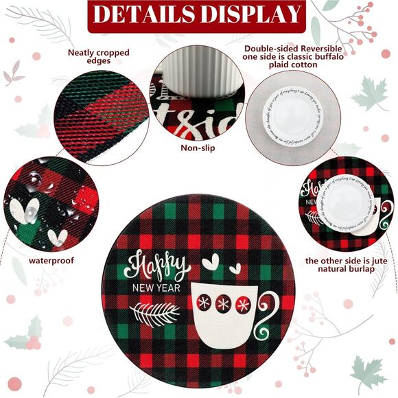 6 Pcs Round Christmas Placemats Winter Snowflake Deer Buffalo Plaid Table - Picture 2 of 6